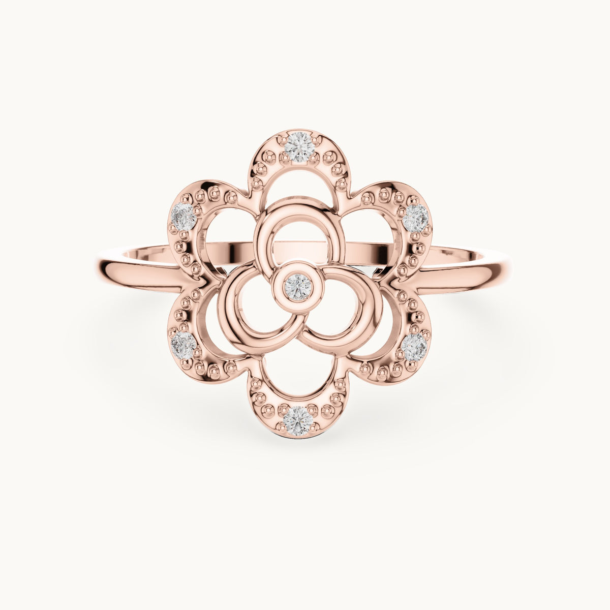 Round lab-grown diamond openwork quatrefoil flower ring in rose gold, 0.068 CT TW, view 4