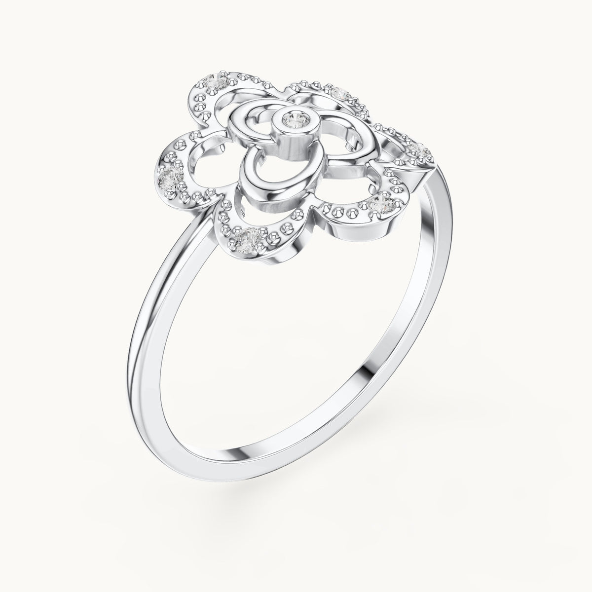 Round lab-grown diamond openwork quatrefoil flower ring in white gold, 0.068 CT TW, view 2