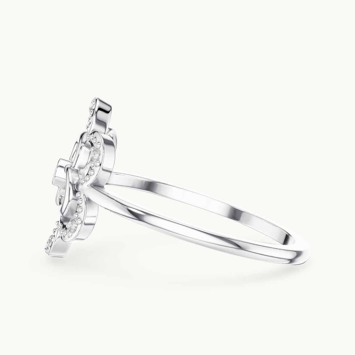 Round lab-grown diamond openwork quatrefoil flower ring in white gold, 0.068 CT TW, view 3