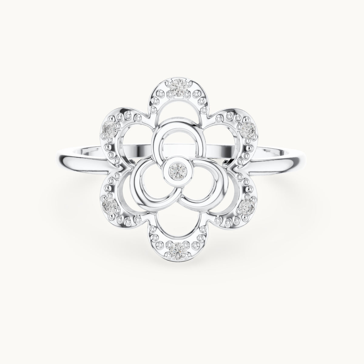 Round lab-grown diamond openwork quatrefoil flower ring in white gold, 0.068 CT TW, view 4