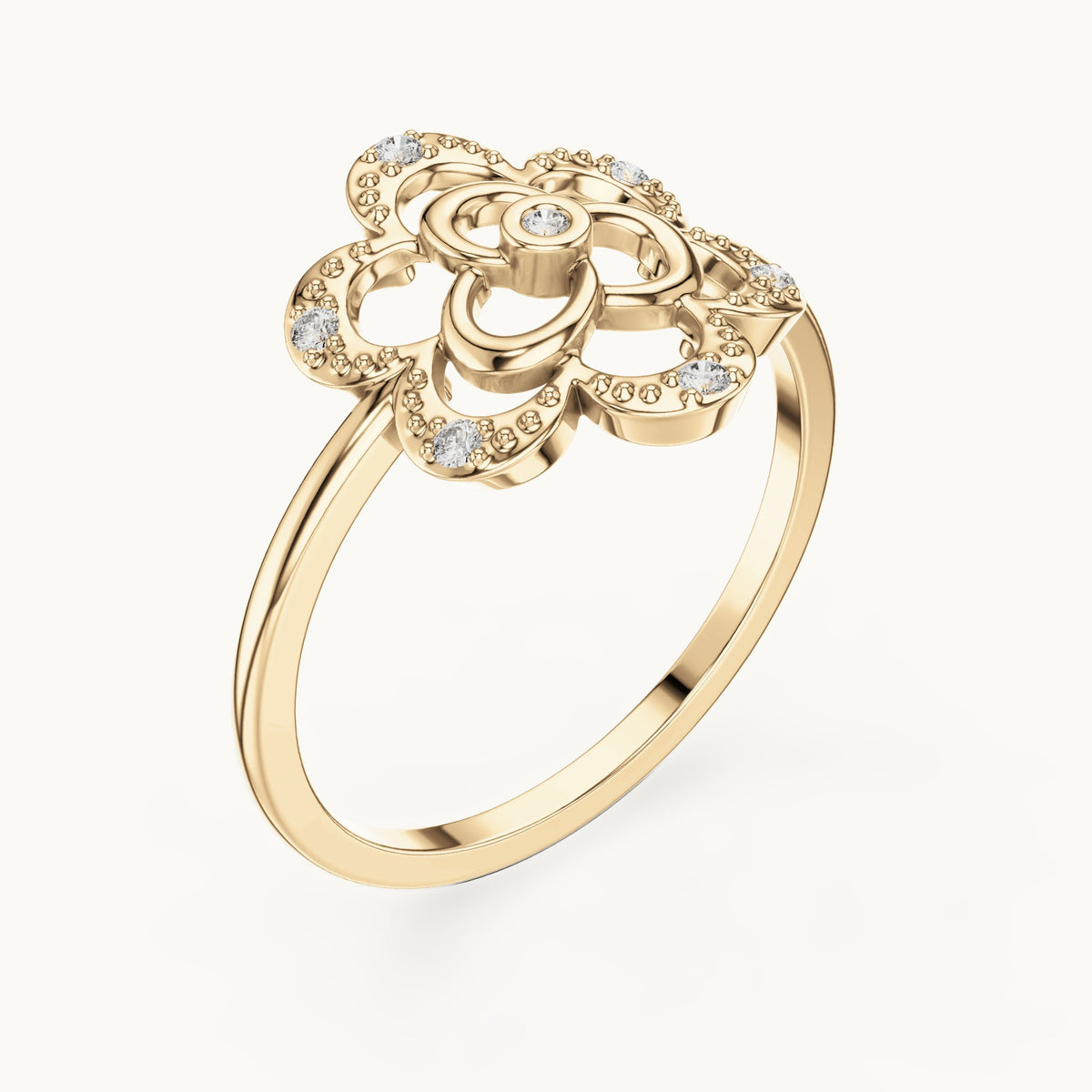 Round lab-grown diamond openwork quatrefoil flower ring in yellow gold, 0.068 CT TW, view 2