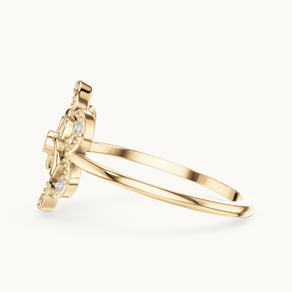 Round lab-grown diamond openwork quatrefoil flower ring in yellow gold, 0.068 CT TW, view 3