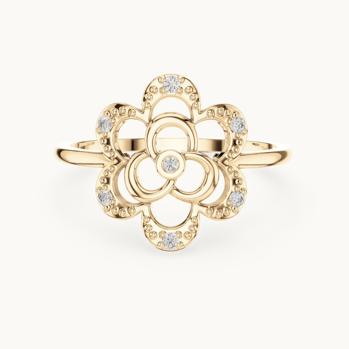 Round lab-grown diamond openwork quatrefoil flower ring in yellow gold, 0.068 CT TW, view 4