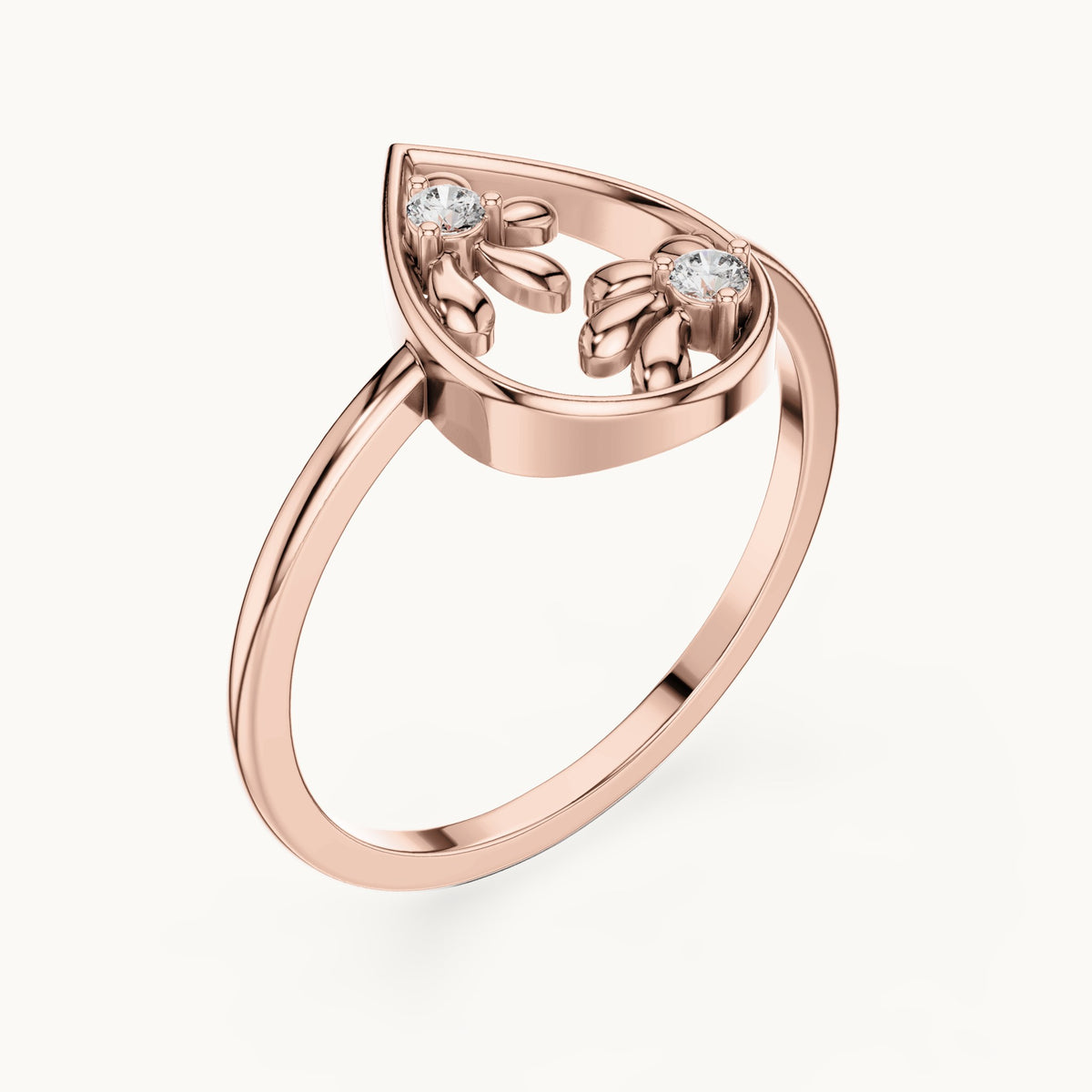 Round lab-grown diamond open teardrop floral ring in rose gold, 0.050 CT TW, view 2