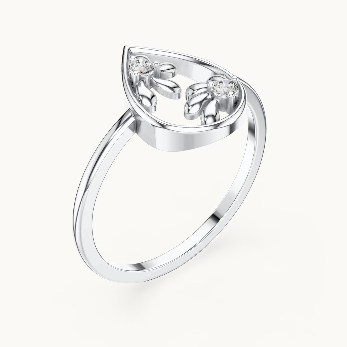 Round lab-grown diamond open teardrop floral ring in white gold, 0.050 CT TW, view 2