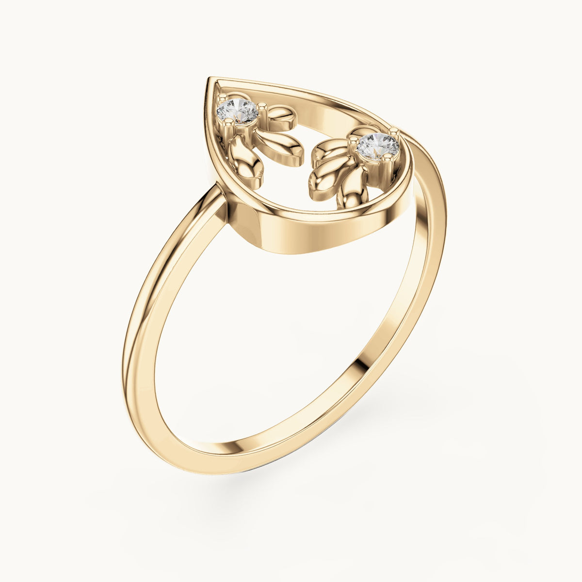 Round lab-grown diamond open teardrop floral ring in yellow gold, 0.050 CT TW, view 2