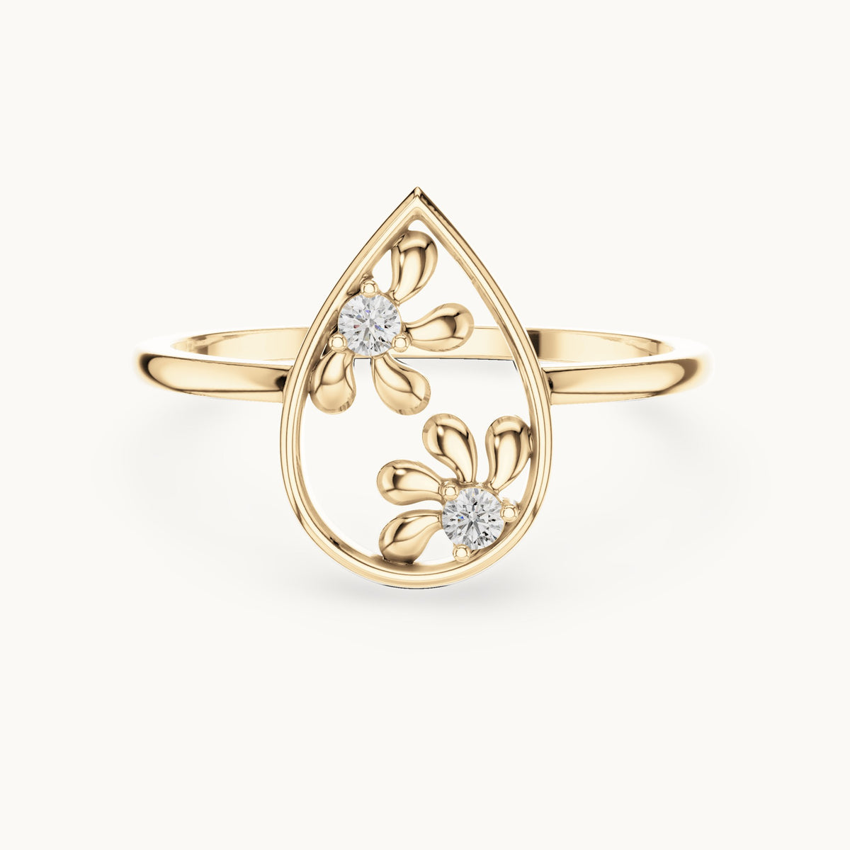 Round lab-grown diamond open teardrop floral ring in yellow gold, 0.050 CT TW, view 4