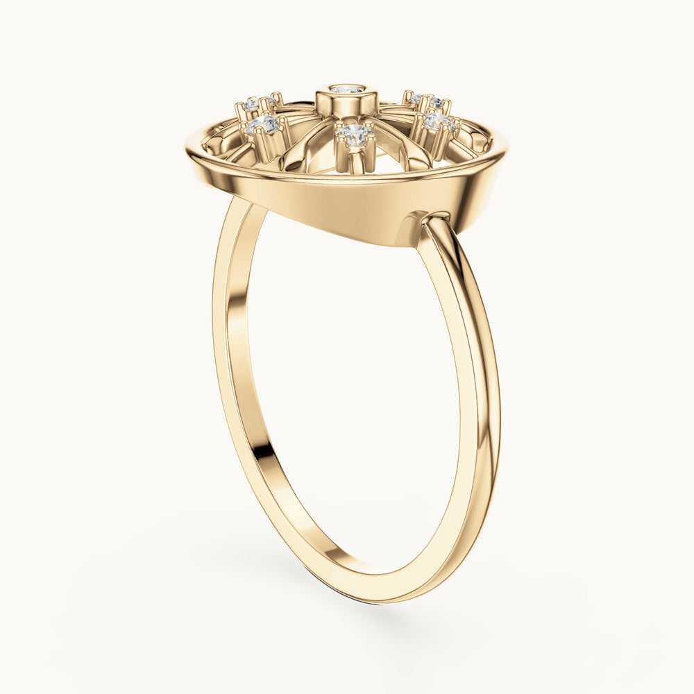 Round lab-grown diamond rosette wheel ring in yellow gold, 0.09 CT TW, view 1