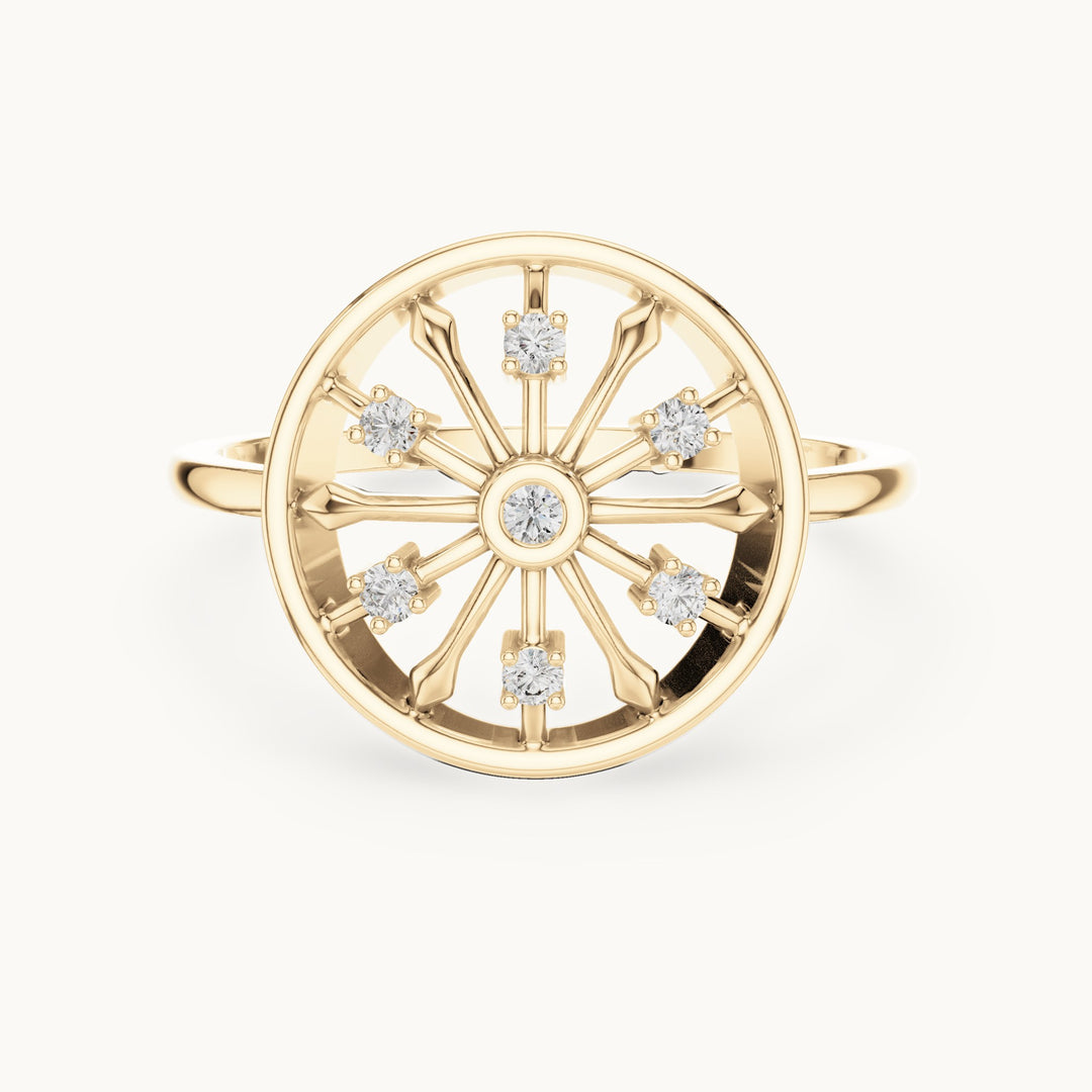 Round lab-grown diamond rosette wheel ring in yellow gold, 0.09 CT TW, view 4