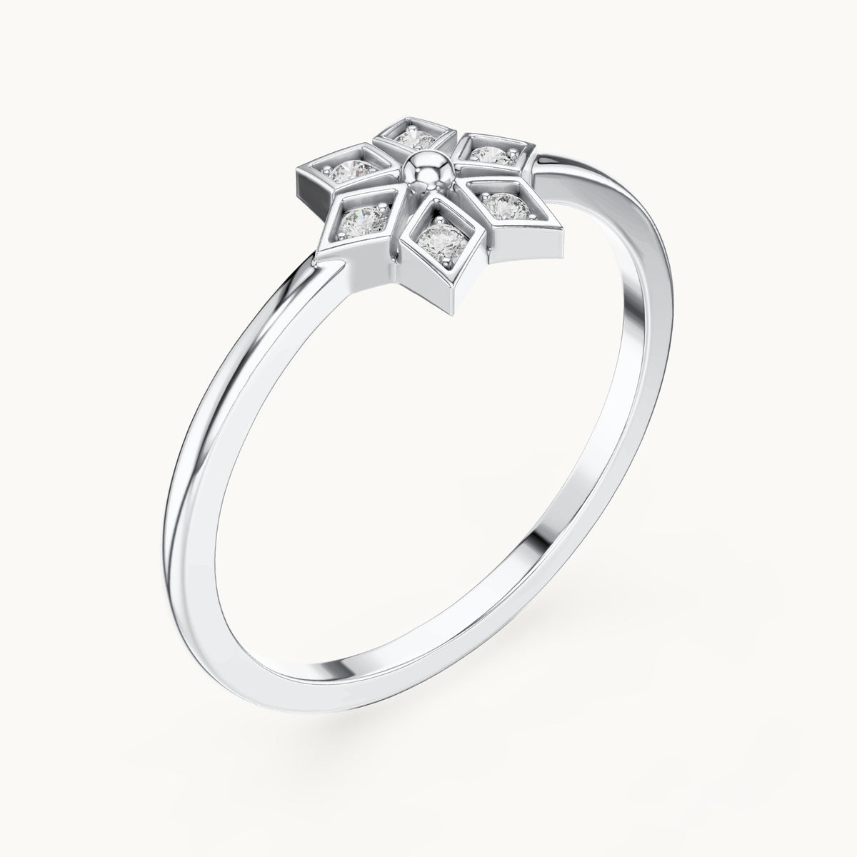 Round lab-grown diamond star flower ring in white gold, 0.060 CT TW, view 2