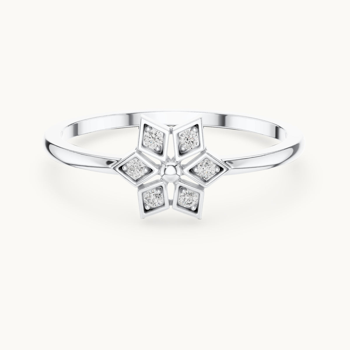 Round lab-grown diamond star flower ring in white gold, 0.060 CT TW, view 4