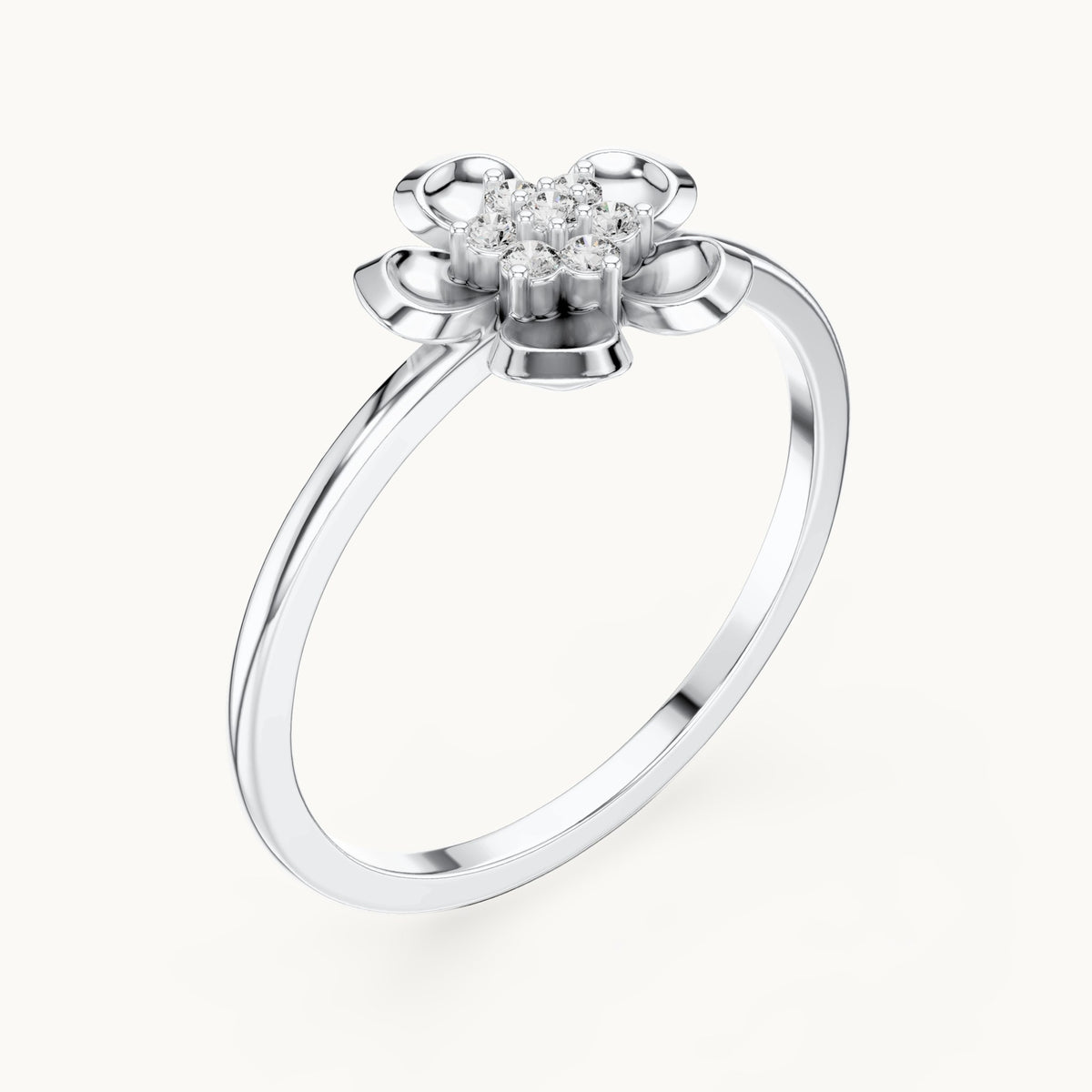 Round lab-grown diamond puffed flower cluster ring in white gold, 0.066 CT TW, view 2