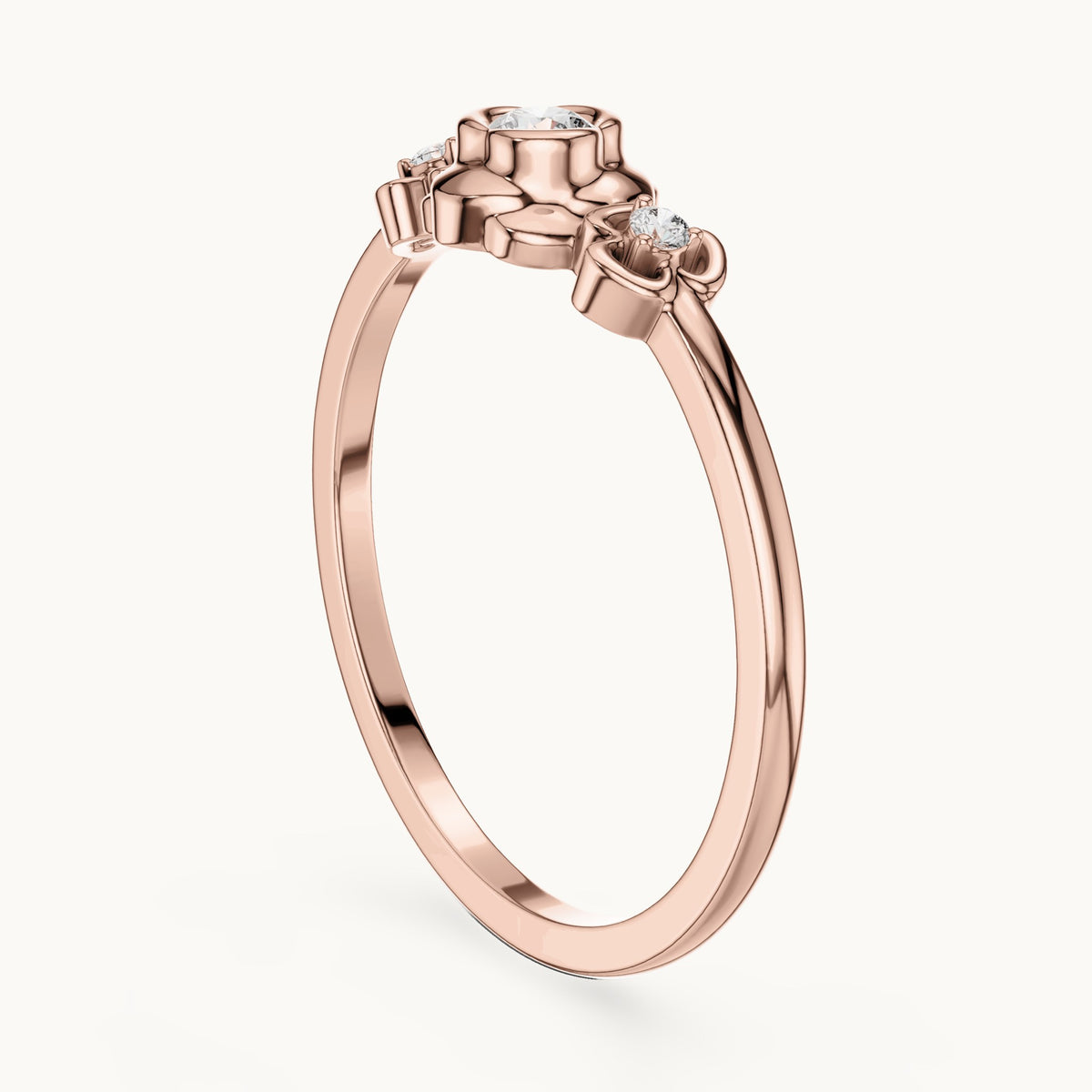 Round lab-grown diamond flower three-stone ring in rose gold, 0.090 CT TW, view 1