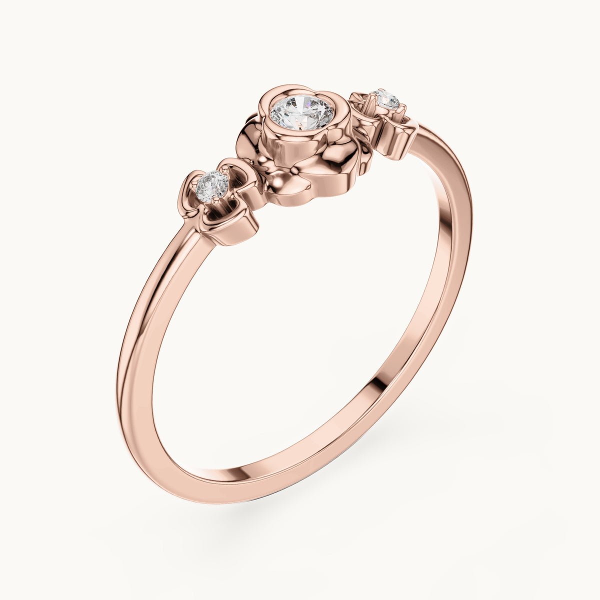 Round lab-grown diamond flower three-stone ring in rose gold, 0.090 CT TW, view 2