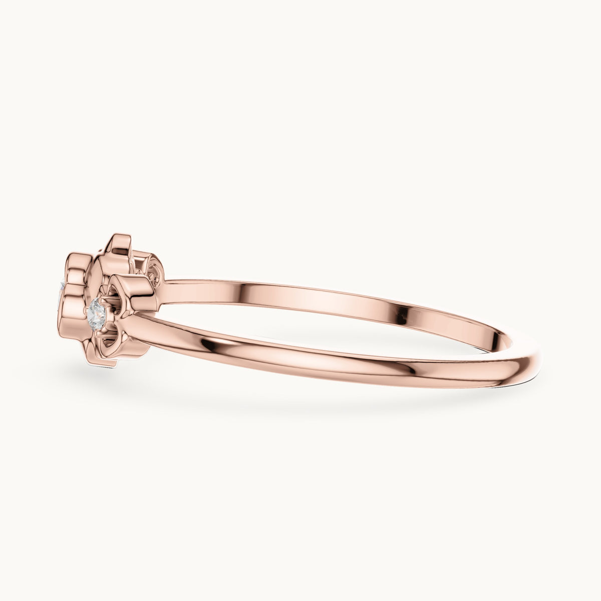 Round lab-grown diamond flower three-stone ring in rose gold, 0.090 CT TW, view 3