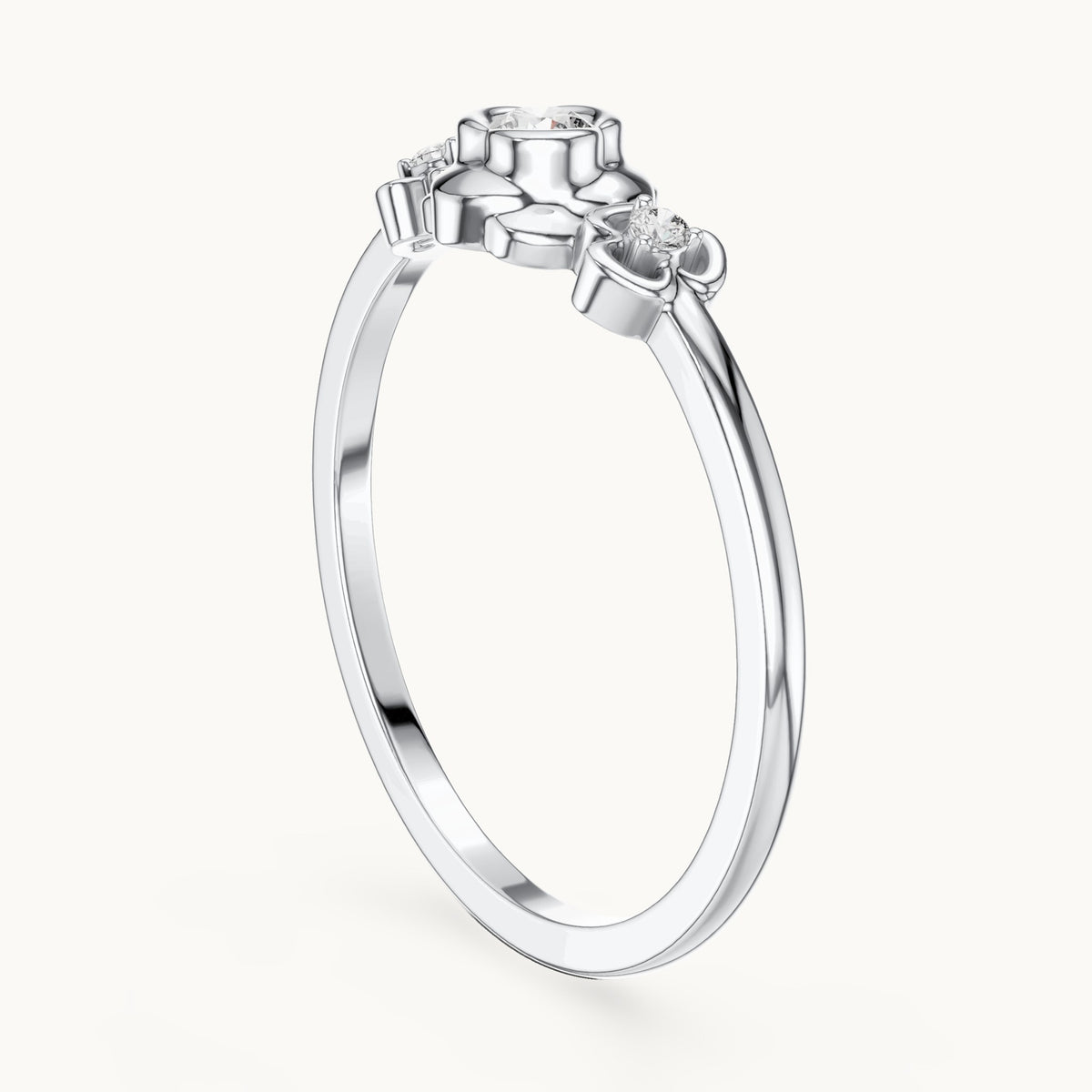 Round lab-grown diamond flower three-stone ring in white gold, 0.090 CT TW, view 1
