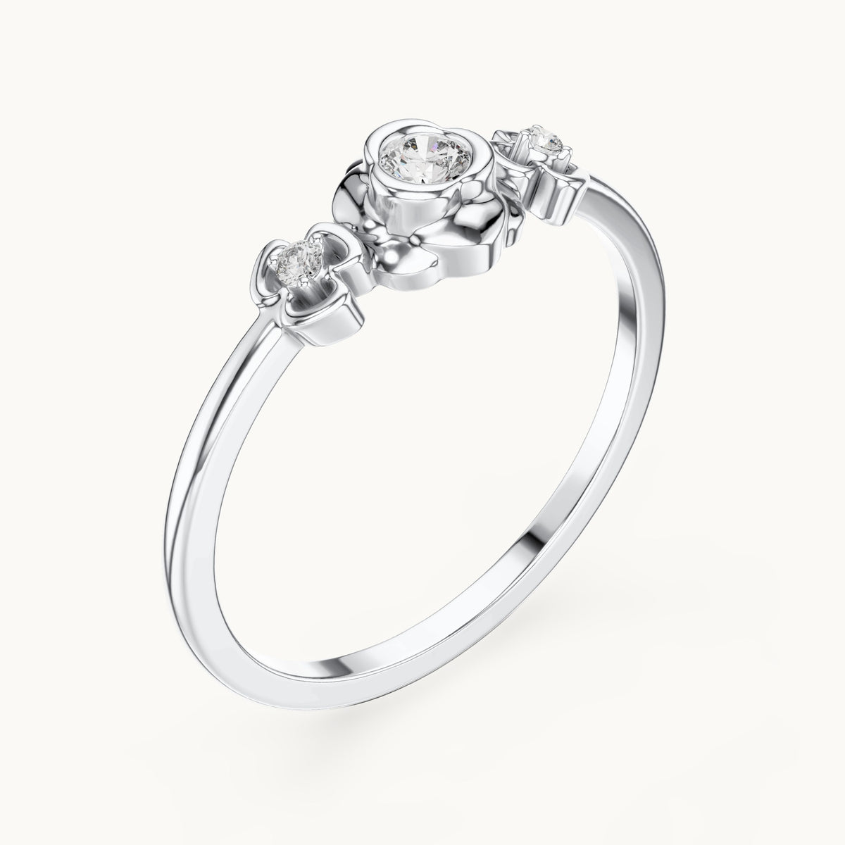 Round lab-grown diamond flower three-stone ring in white gold, 0.090 CT TW, view 2