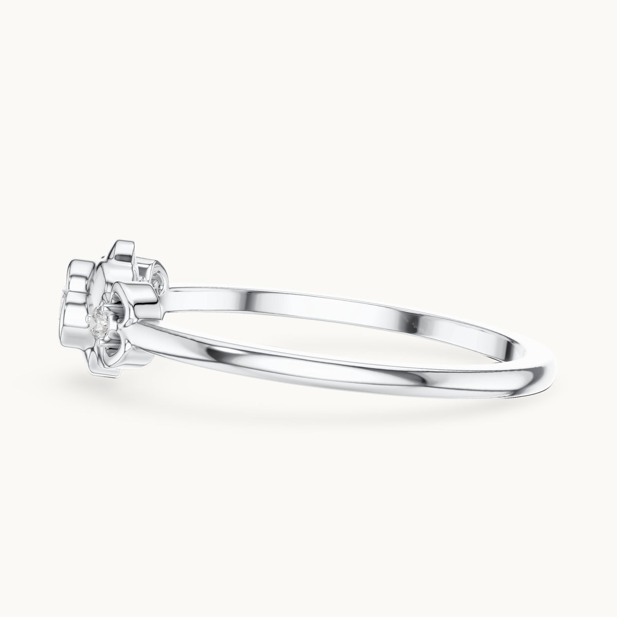 Round lab-grown diamond flower three-stone ring in white gold, 0.090 CT TW, view 3