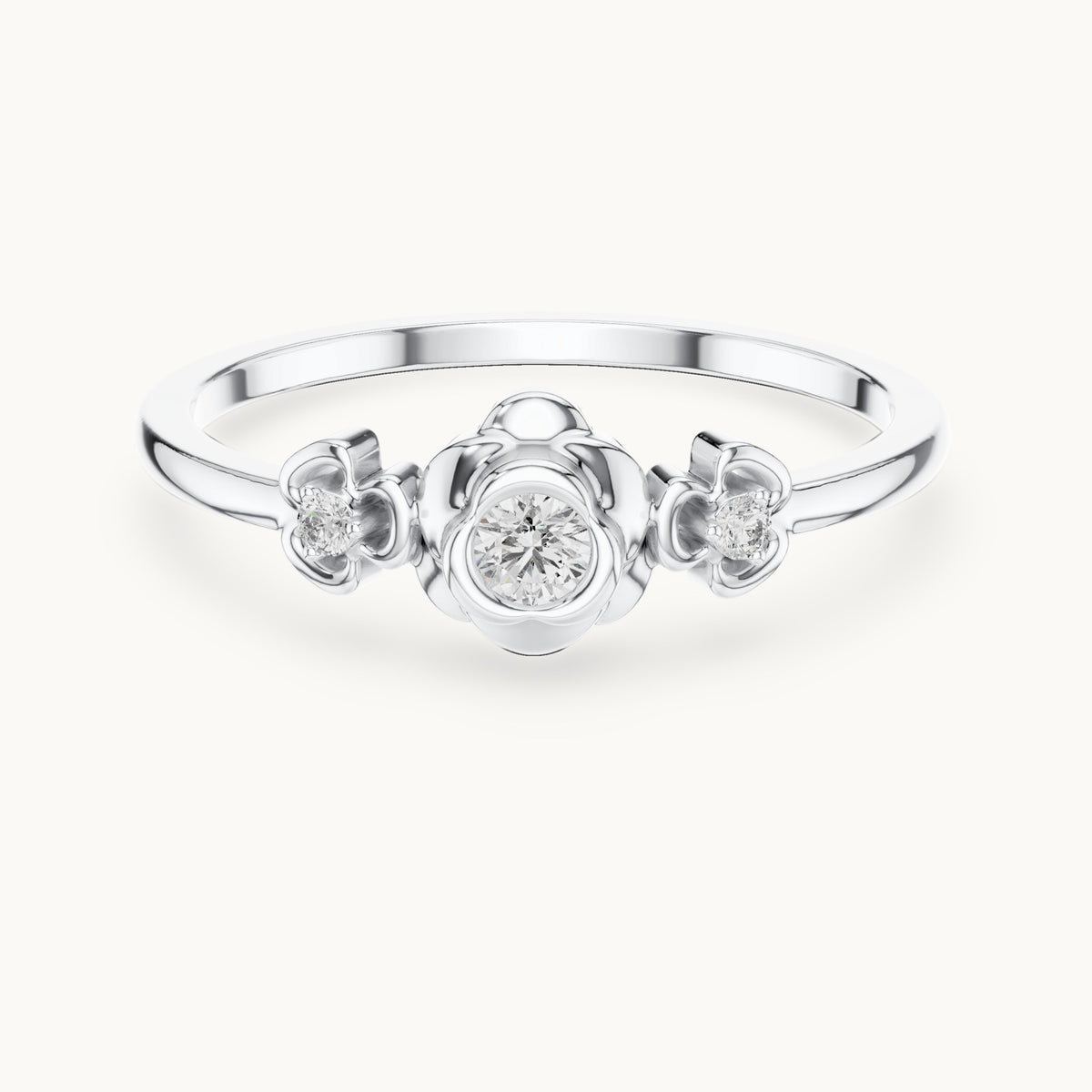 Round lab-grown diamond flower three-stone ring in white gold, 0.090 CT TW, view 4