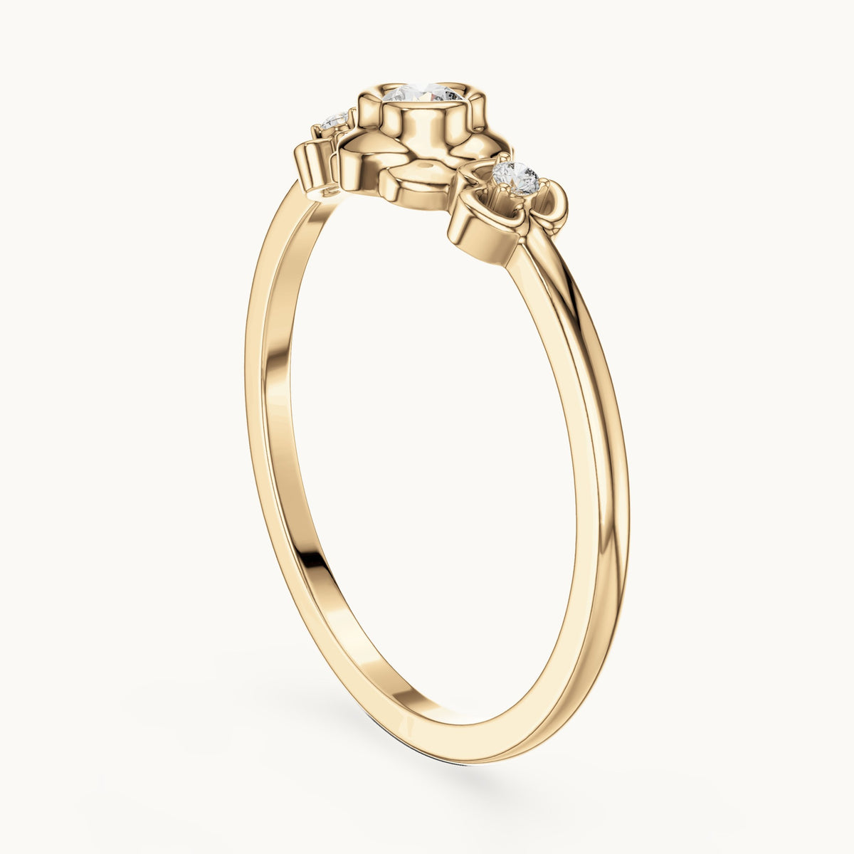 Round lab-grown diamond flower three-stone ring in yellow gold, 0.090 CT TW, view 1