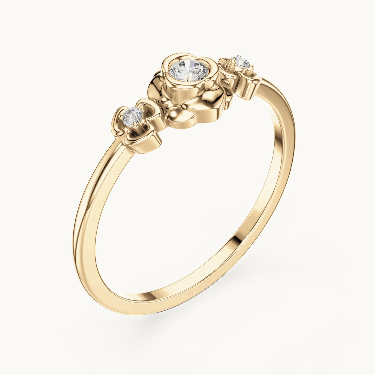 Round lab-grown diamond flower three-stone ring in yellow gold, 0.090 CT TW, view 2