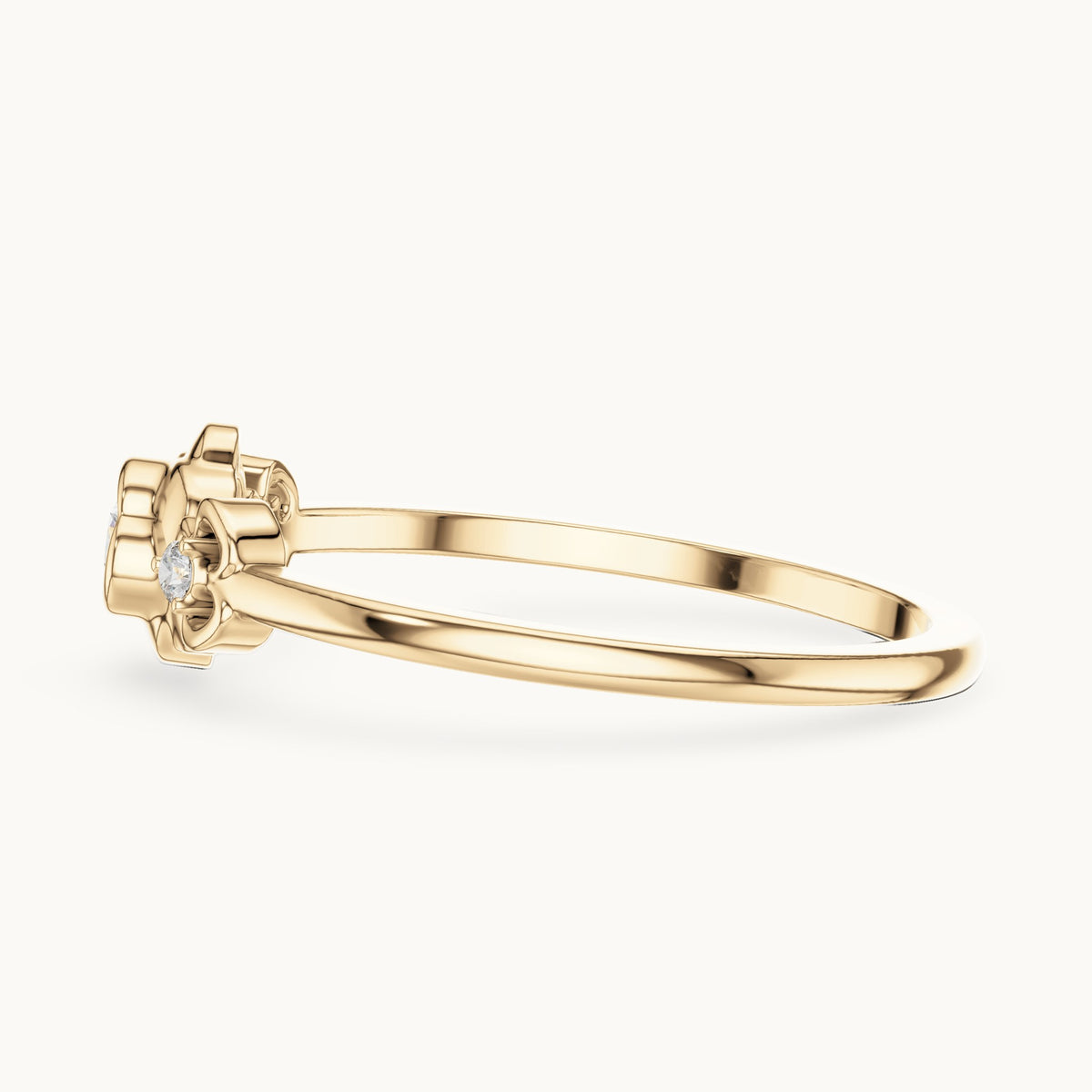 Round lab-grown diamond flower three-stone ring in yellow gold, 0.090 CT TW, view 3
