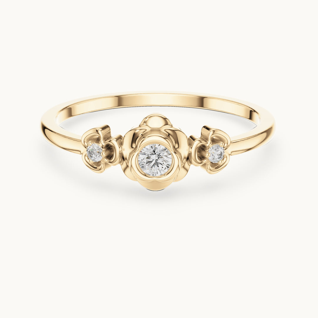 Round lab-grown diamond flower three-stone ring in yellow gold, 0.090 CT TW, view 4