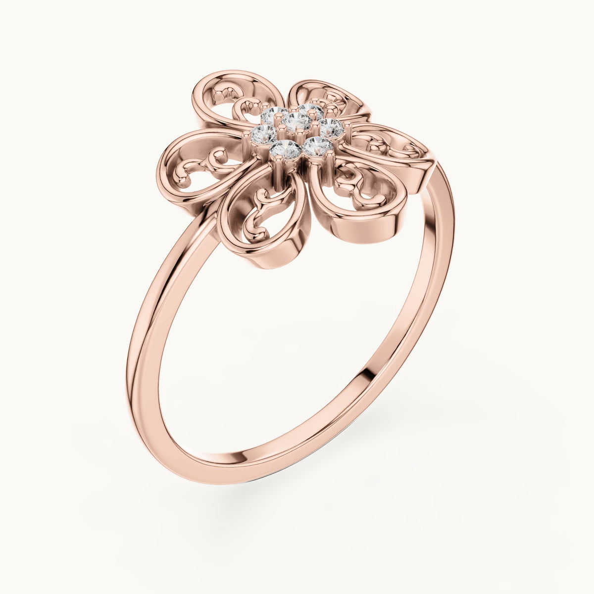 Round lab-grown diamond filigree flower cluster ring in rose gold, 0.070 CT TW, view 2