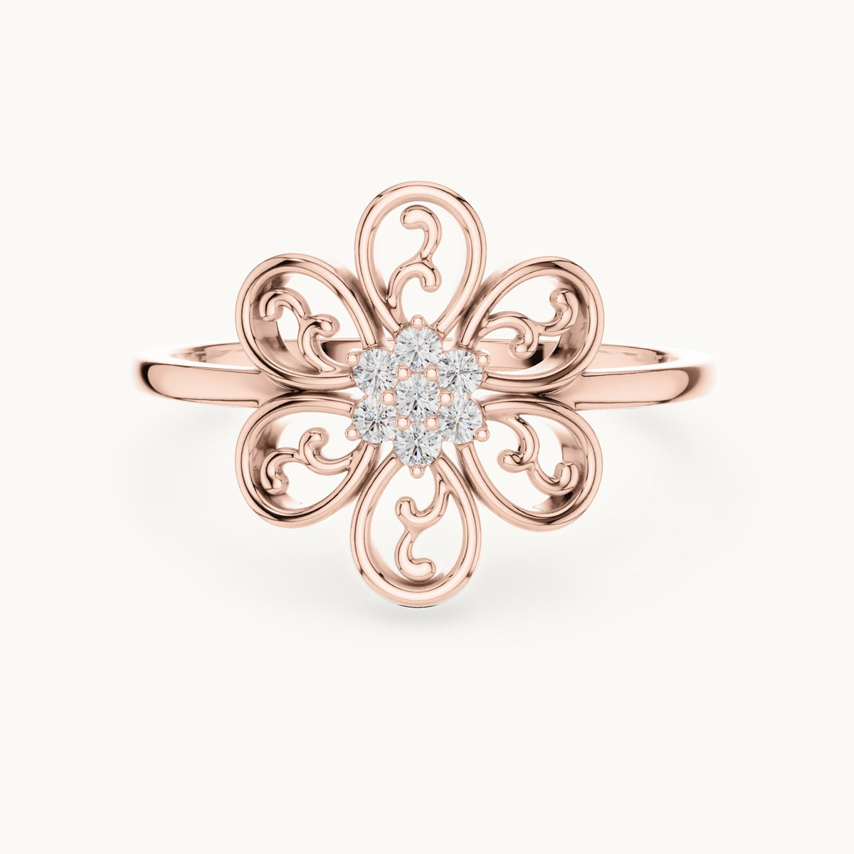 Round lab-grown diamond filigree flower cluster ring in rose gold, 0.070 CT TW, view 4
