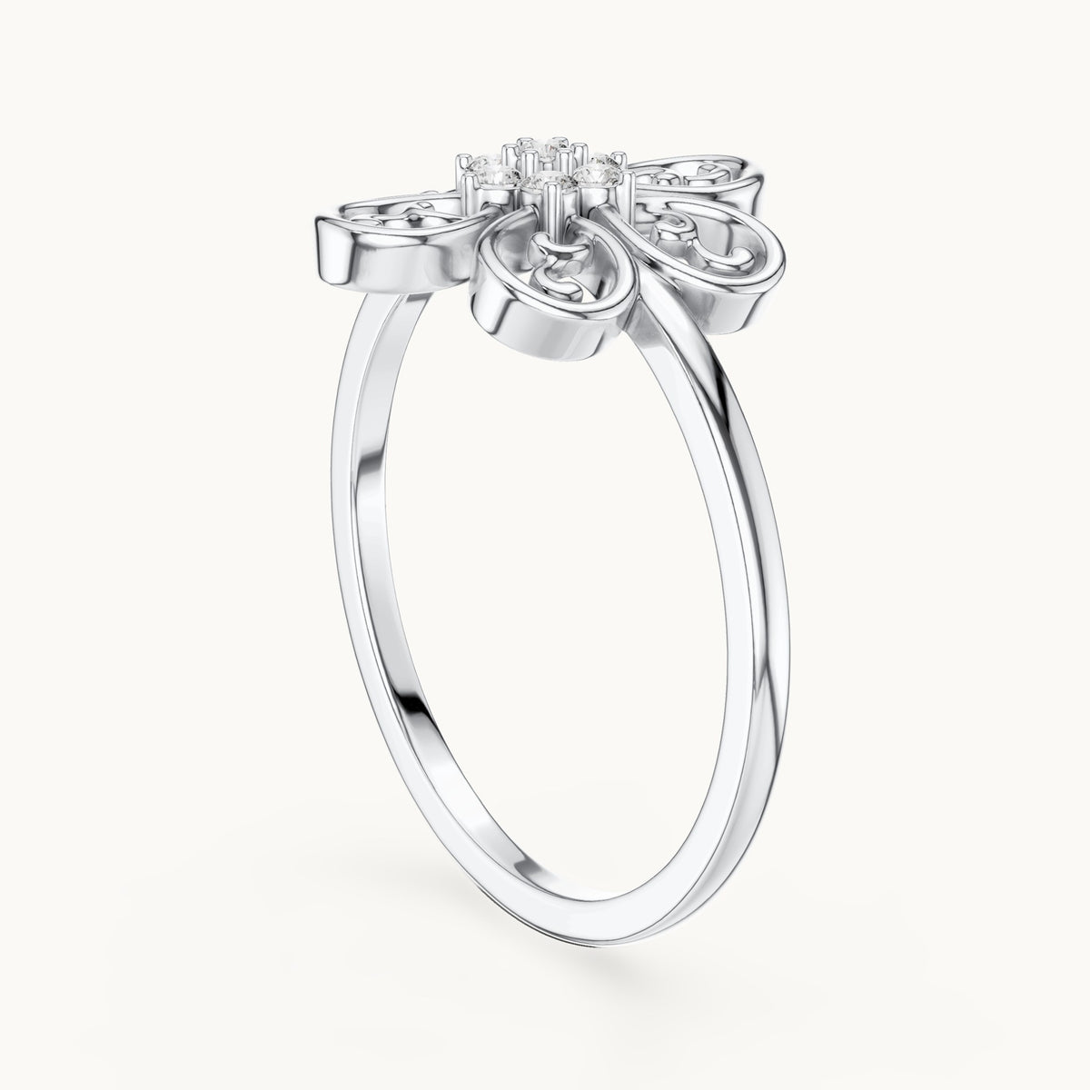 Round lab-grown diamond filigree flower cluster ring in white gold, 0.070 CT TW, view 1