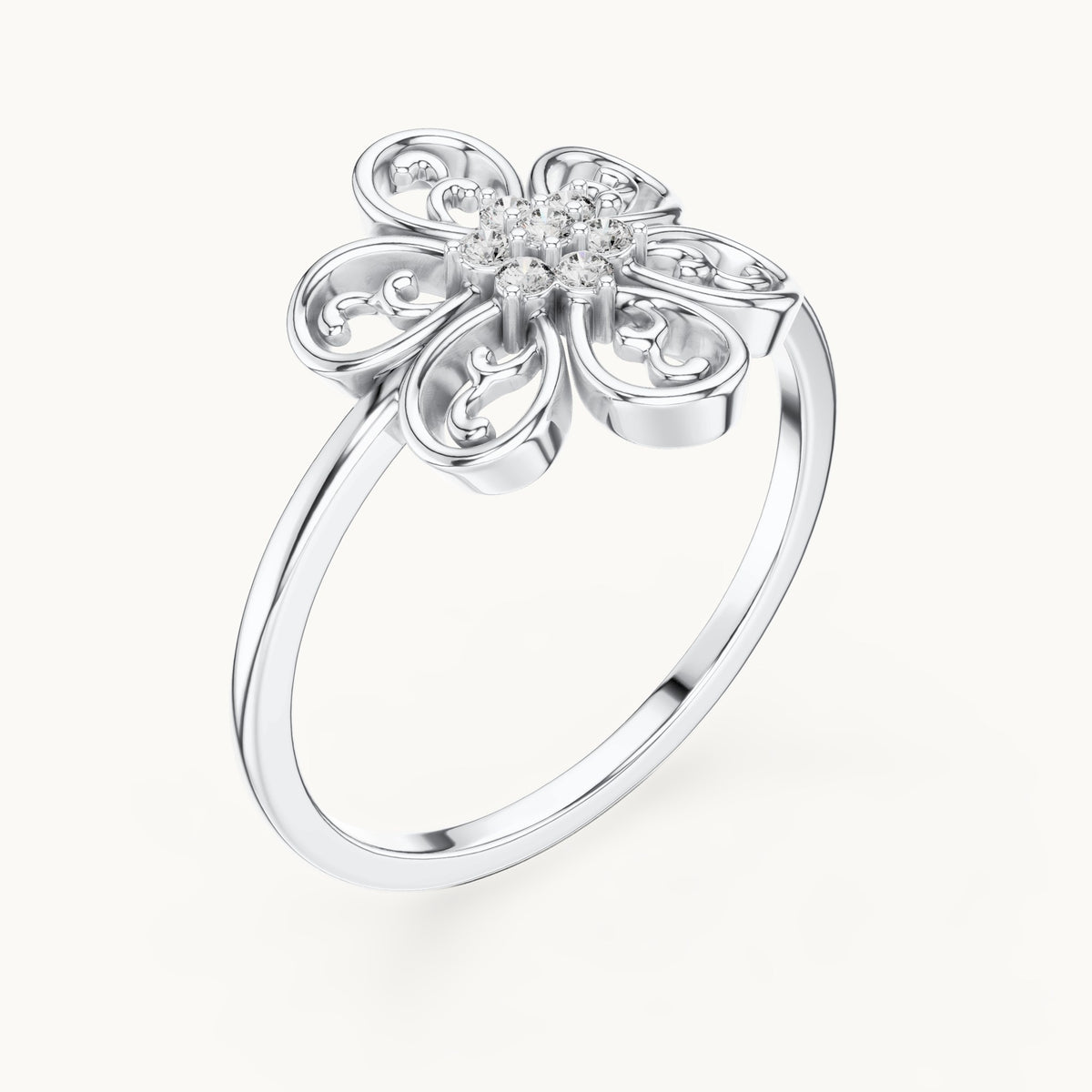 Round lab-grown diamond filigree flower cluster ring in white gold, 0.070 CT TW, view 2