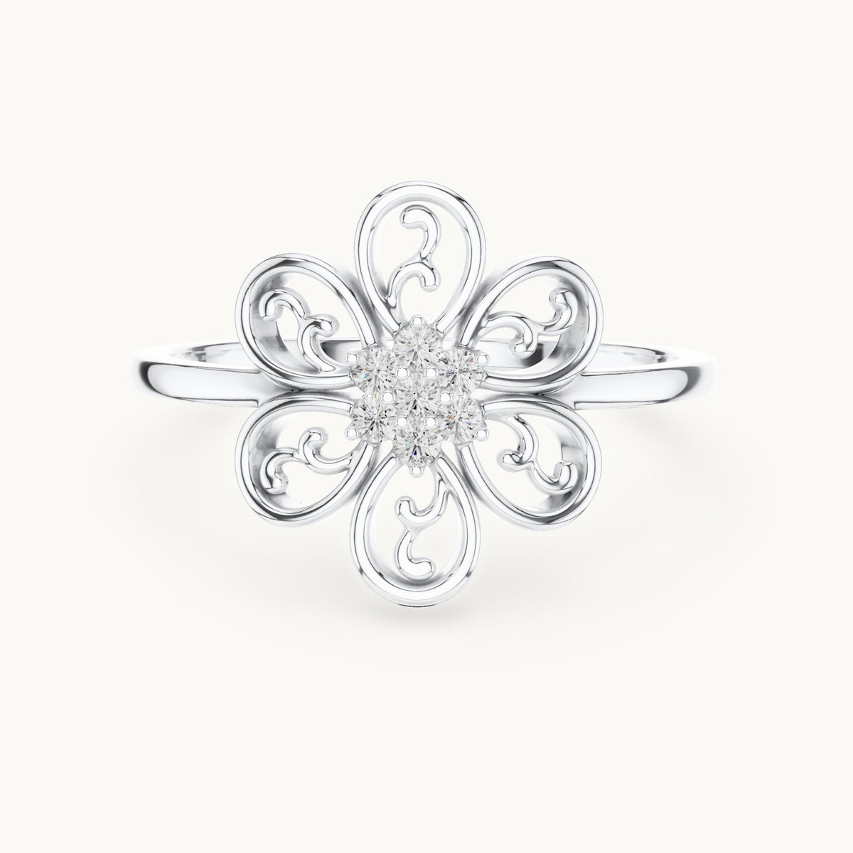 Round lab-grown diamond filigree flower cluster ring in white gold, 0.070 CT TW, view 4