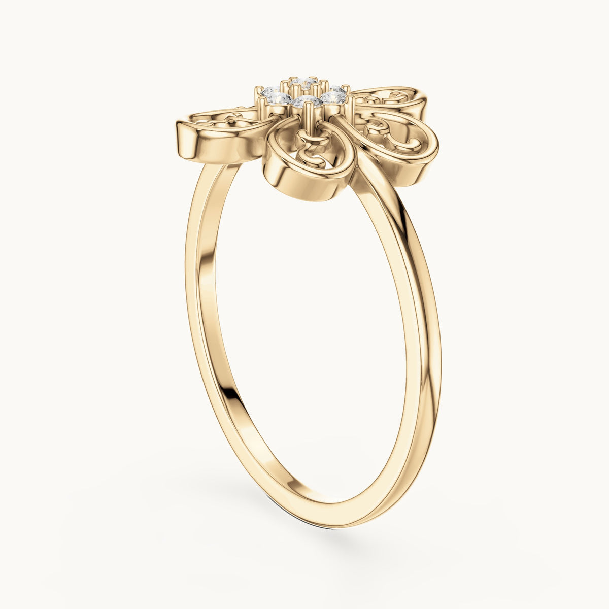 Round lab-grown diamond filigree flower cluster ring in yellow gold, 0.070 CT TW, view 1
