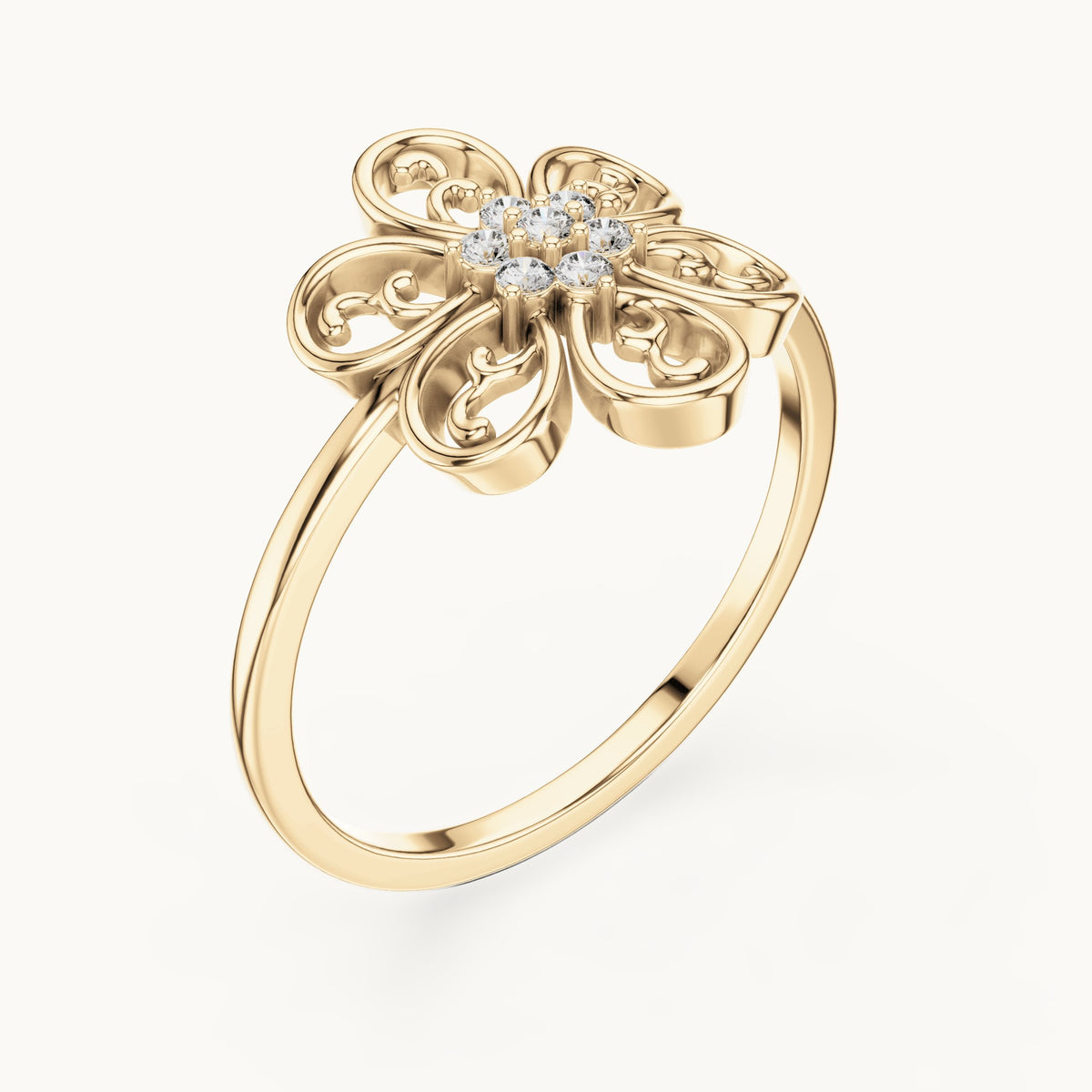 Round lab-grown diamond filigree flower cluster ring in yellow gold, 0.070 CT TW, view 2