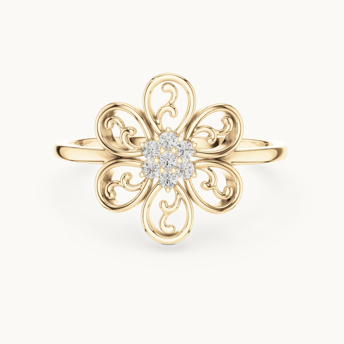 Round lab-grown diamond filigree flower cluster ring in yellow gold, 0.070 CT TW, view 4