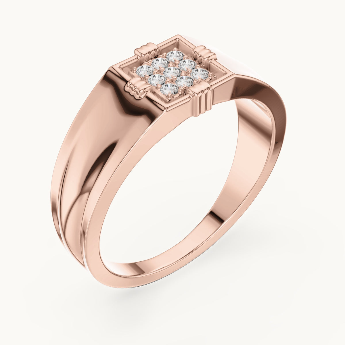Round lab-grown diamond square cluster signet ring in rose gold, 0.135 CT TW, view 2