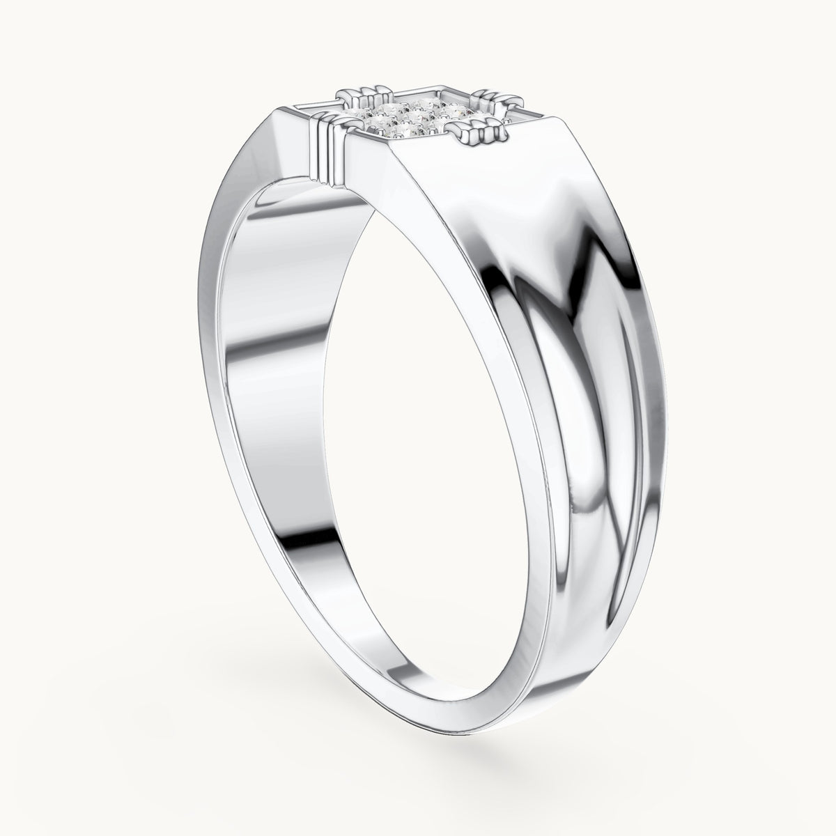 Round lab-grown diamond square cluster signet ring in white gold, 0.135 CT TW, view 1