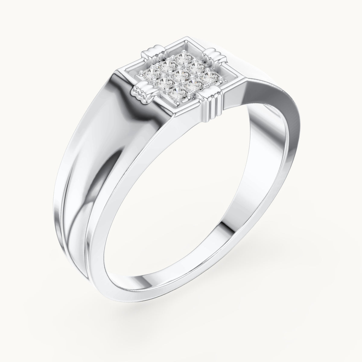 Round lab-grown diamond square cluster signet ring in white gold, 0.135 CT TW, view 2
