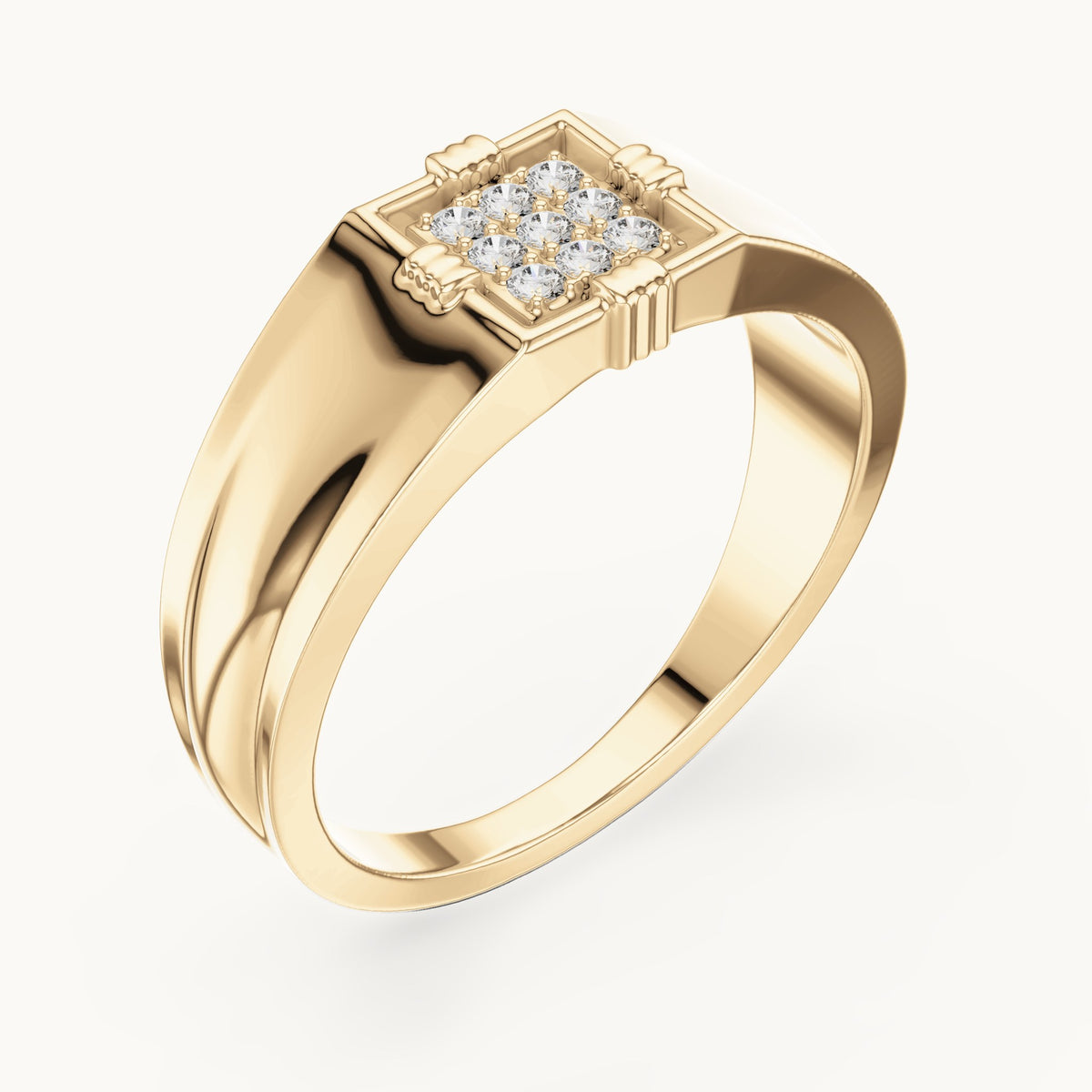 Round lab-grown diamond square cluster signet ring in yellow gold, 0.135 CT TW, view 2