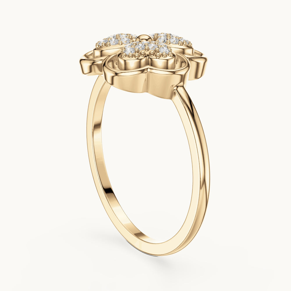 Round lab-grown diamond pave trefoil ring in yellow gold, 0.135 CT TW, view 1