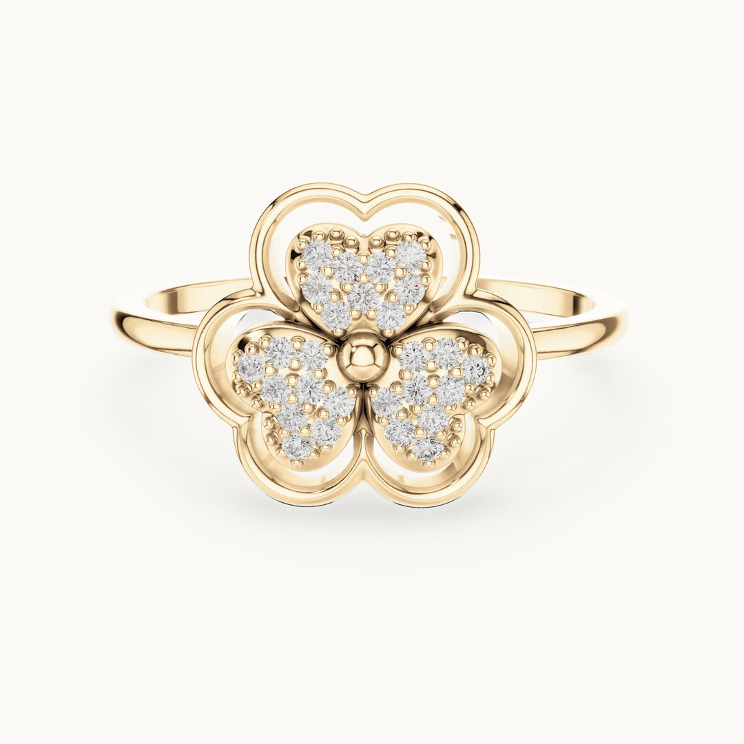 Round lab-grown diamond pave trefoil ring in yellow gold, 0.135 CT TW, view 4