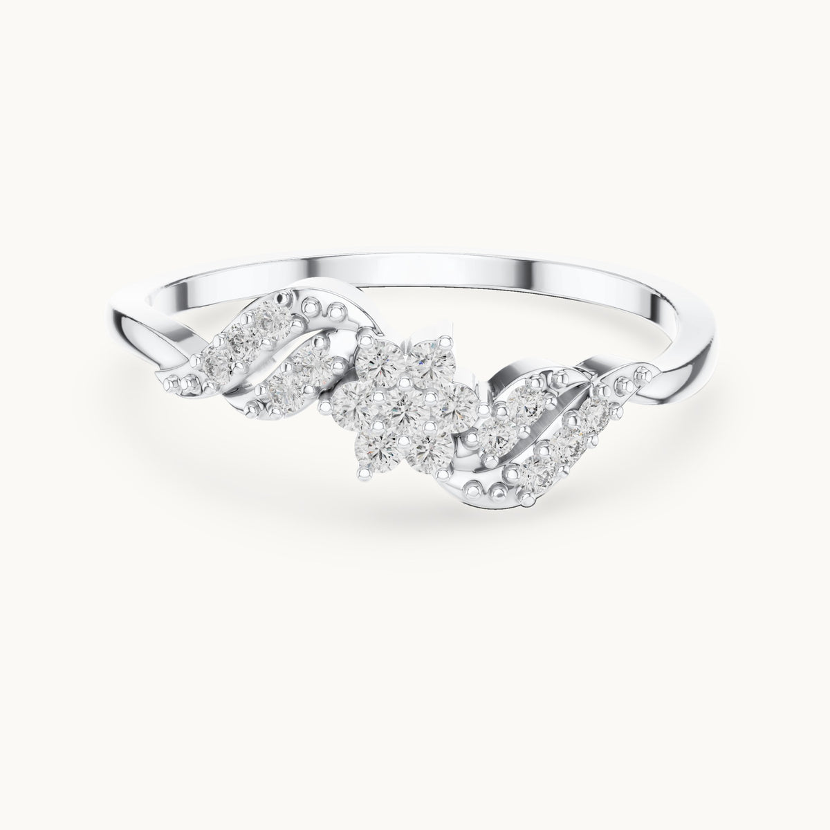 Round lab-grown diamond flower cluster swirl ring in white gold, 0.13 CT TW, view 4