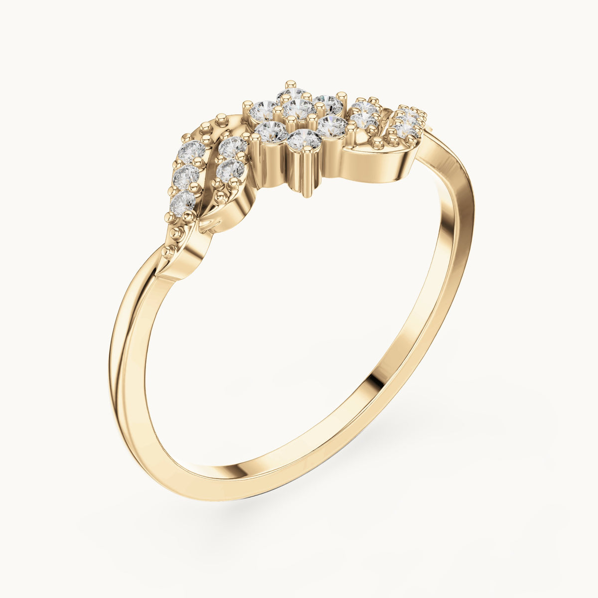 Round lab-grown diamond flower cluster swirl ring in yellow gold, 0.13 CT TW, view 2