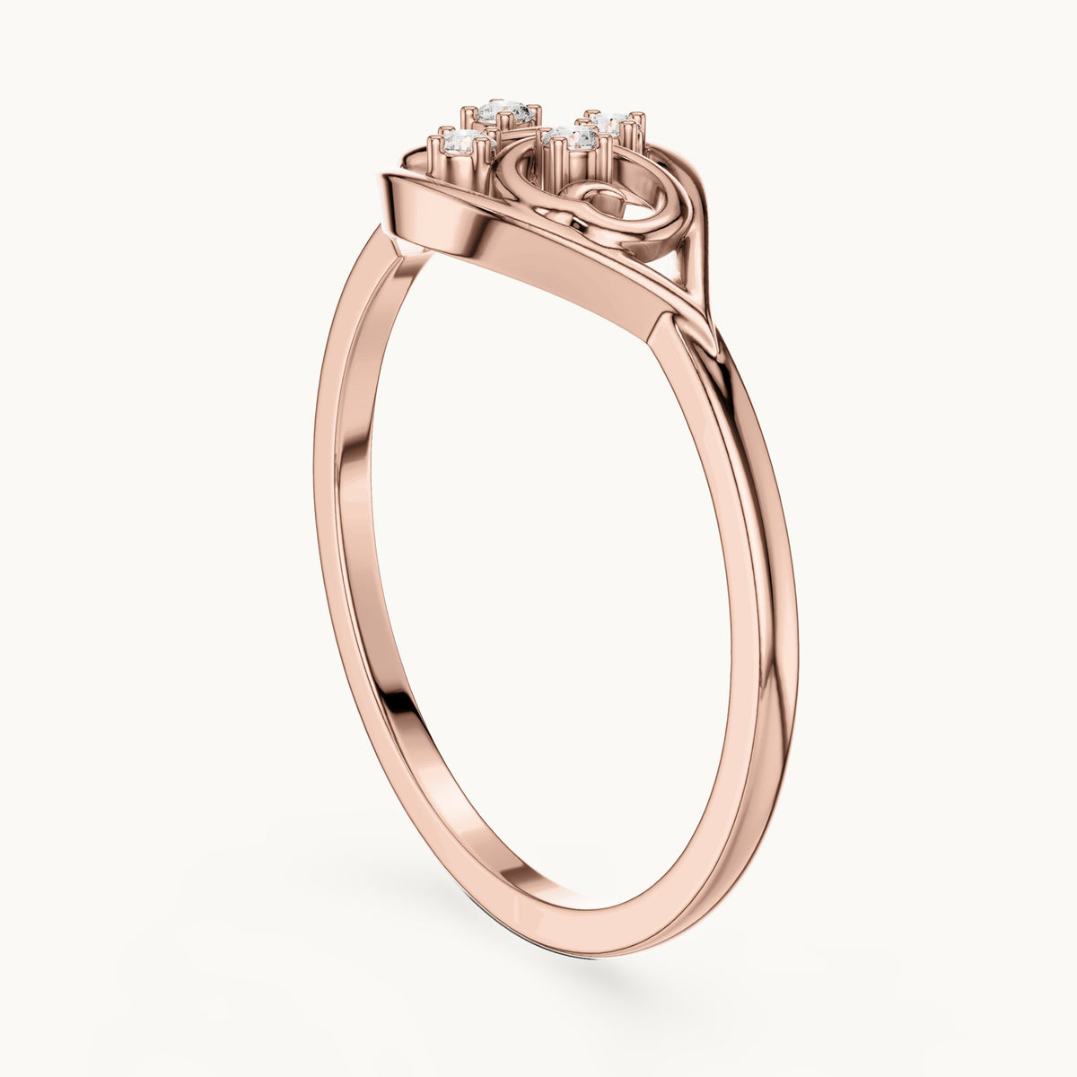 Round lab-grown diamond filigree scroll ring in rose gold, 0.040 CT TW, view 1