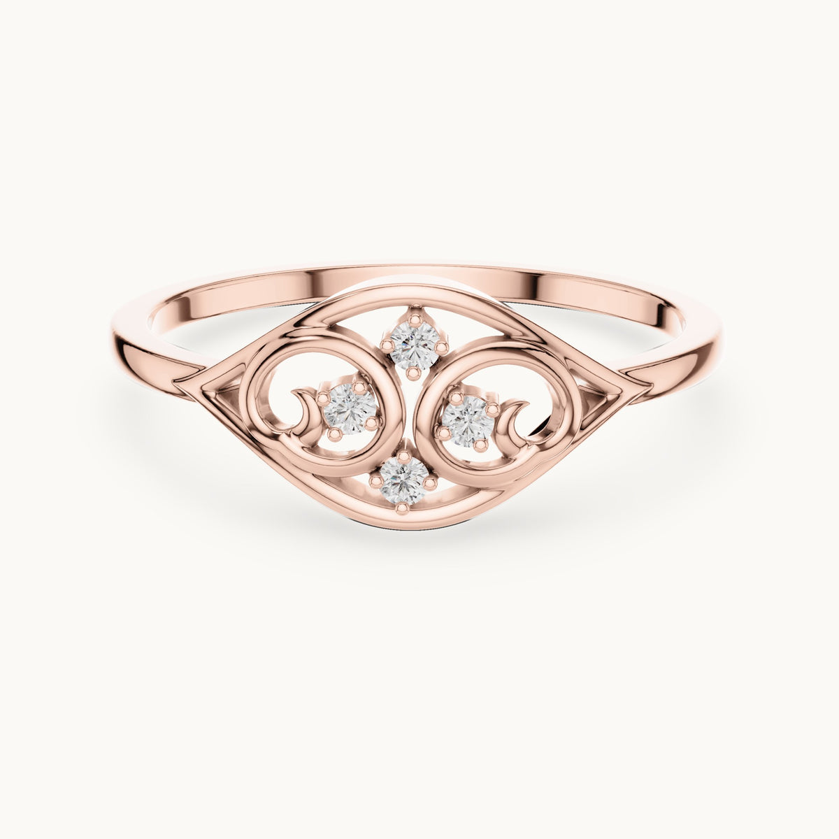 Round lab-grown diamond filigree scroll ring in rose gold, 0.040 CT TW, view 4