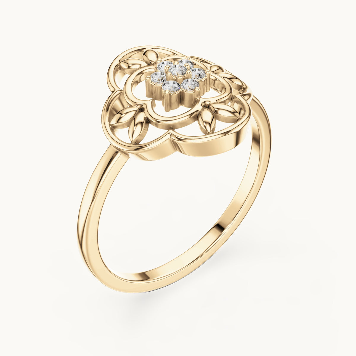 Round lab-grown diamond filigree medallion ring in yellow gold, 0.07 CT TW, view 2