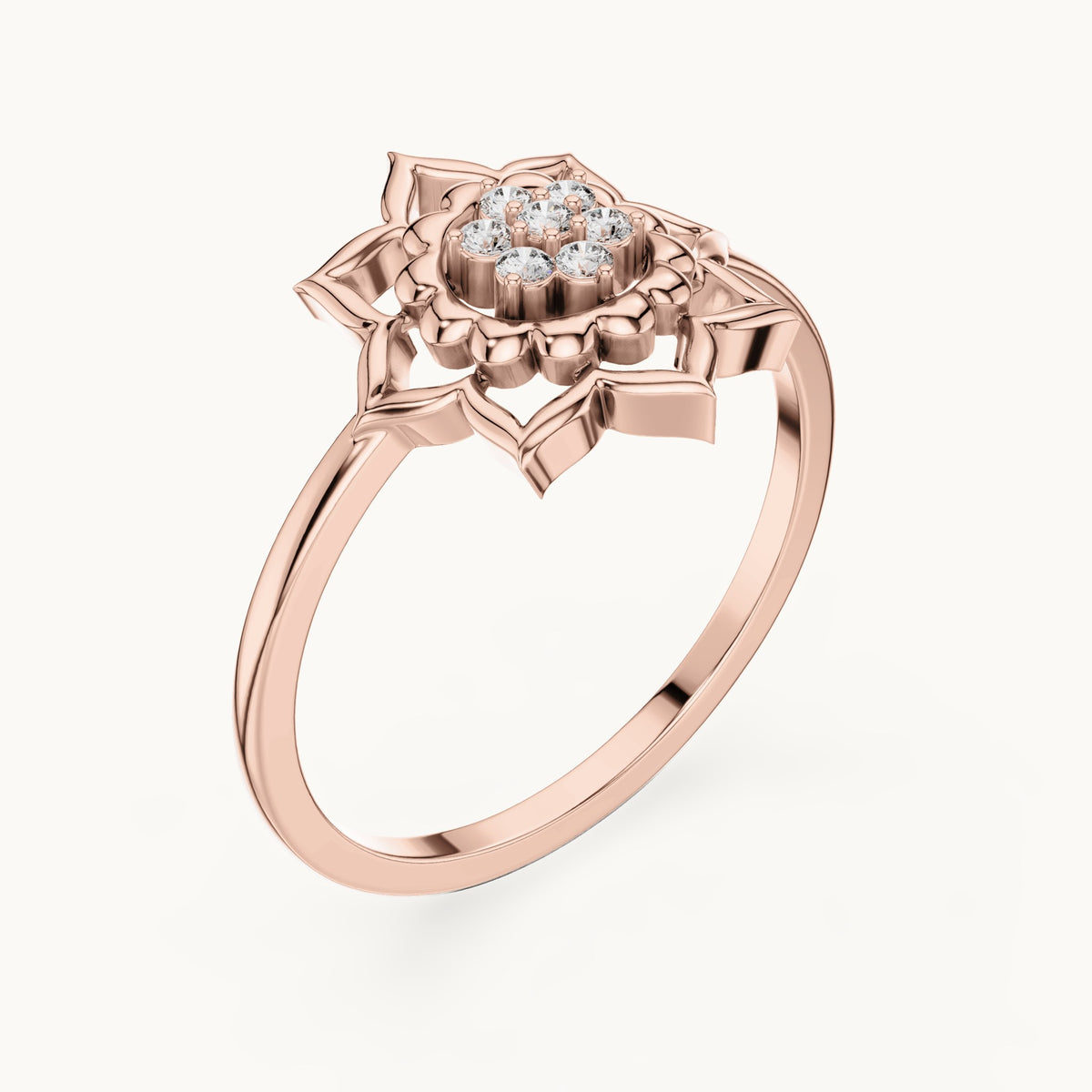 Round lab-grown diamond openwork lotus flower cluster ring in rose gold, 0.070 CT TW, view 2