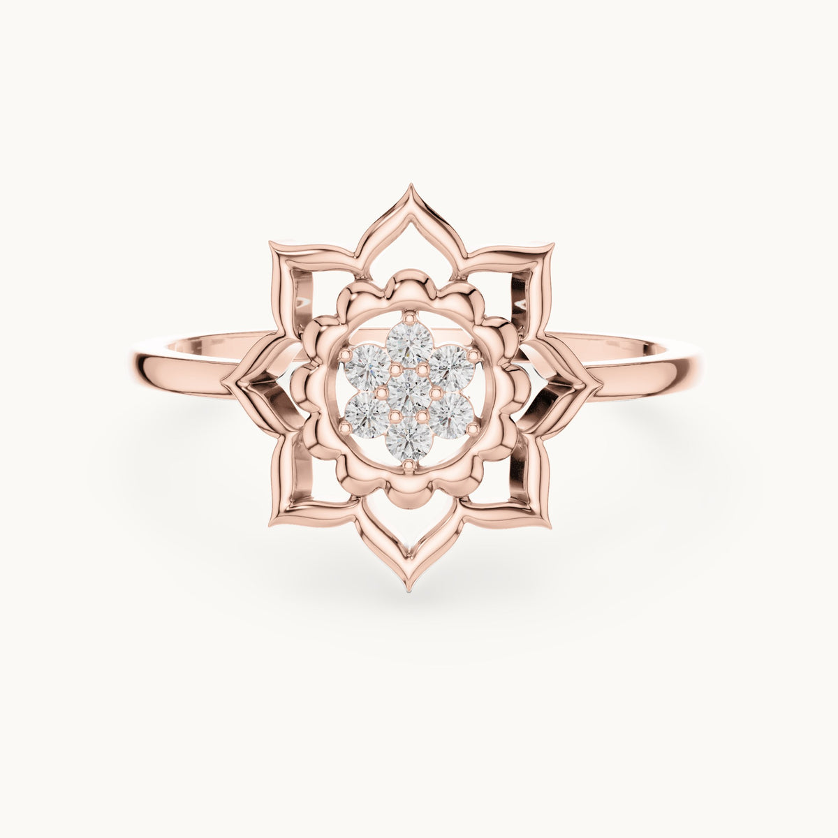 Round lab-grown diamond openwork lotus flower cluster ring in rose gold, 0.070 CT TW, view 4
