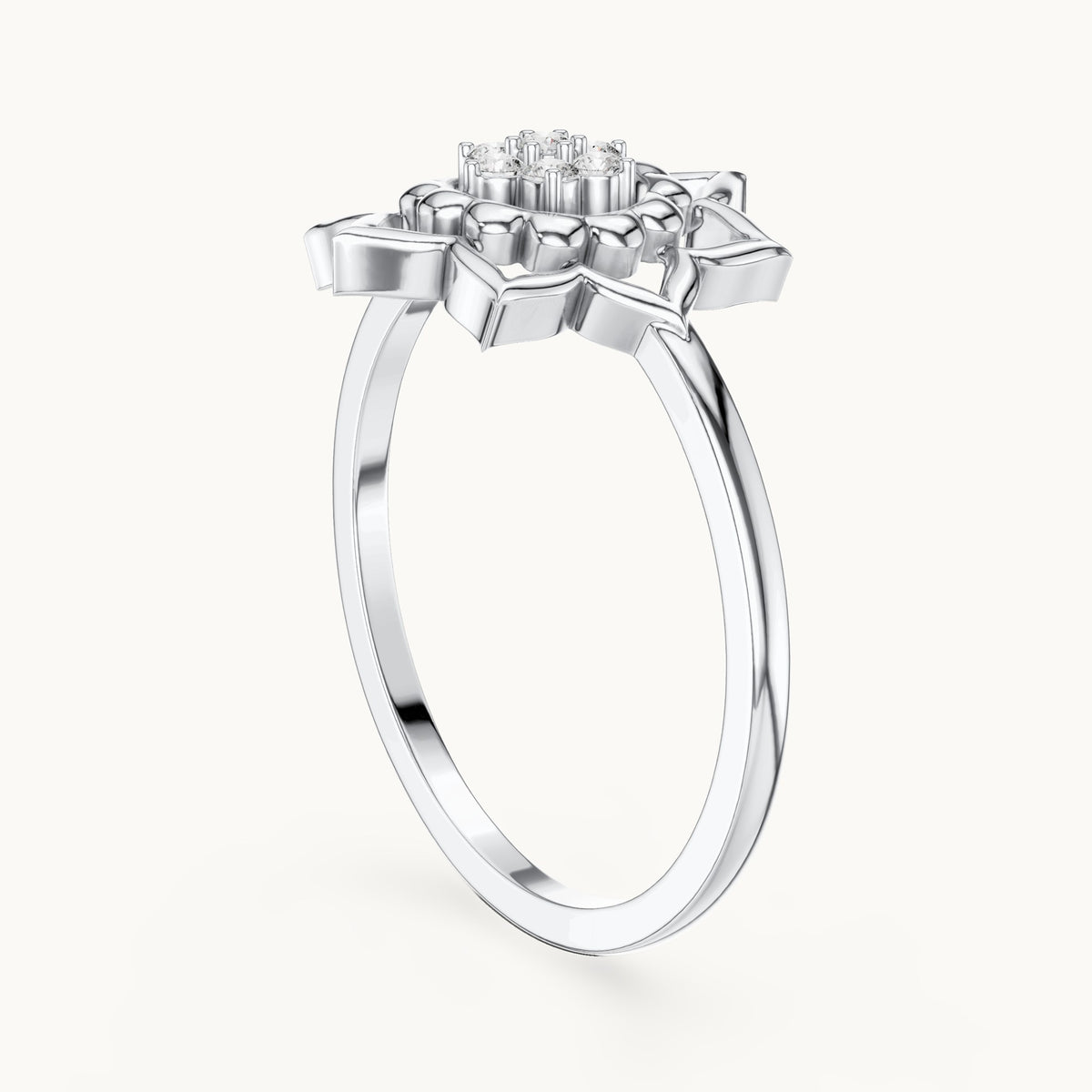 Round lab-grown diamond openwork lotus flower cluster ring in white gold, 0.070 CT TW, view 1