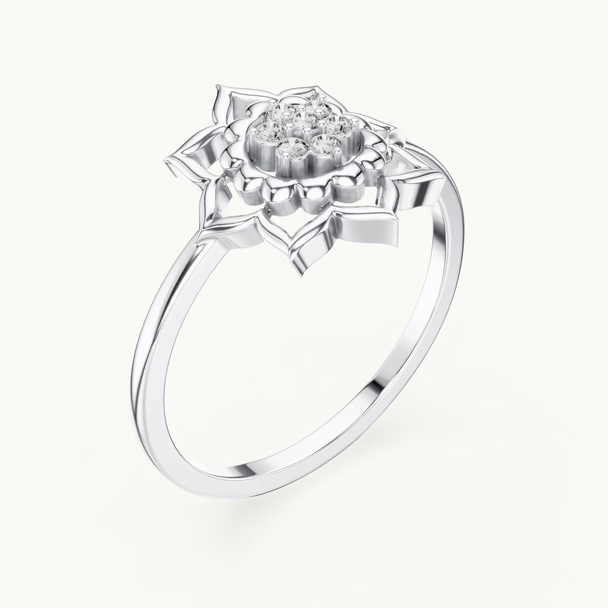 Round lab-grown diamond openwork lotus flower cluster ring in white gold, 0.070 CT TW, view 2